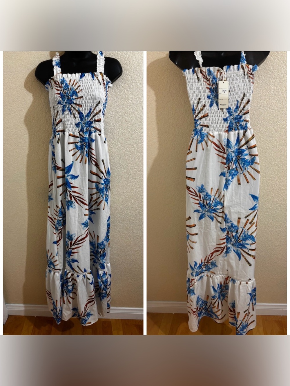 Smocked White Maxi Dress with Blue Floral Print NWT